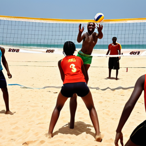 Home 4 A vibrant beach volleyball match in Tofo, Mozambique, with local players displaying their dynamic and intuitive style against a backdrop of golden sand and the Indian Ocean. Focus on the energy and joy of the game, with a touch of African flair.